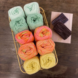 8/4: Lys grøn, Coral, gul mix - tofarvet klud (KK 2. sortering+Bunny Yarn) + Opskrift på strikket tofarvet klud - tryk
