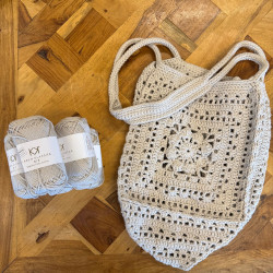 8/8: 6 nøgler OLD LINEN - KK øko. 2. sortering + Opskrift på hæklet Lappeshopper - print i S/H